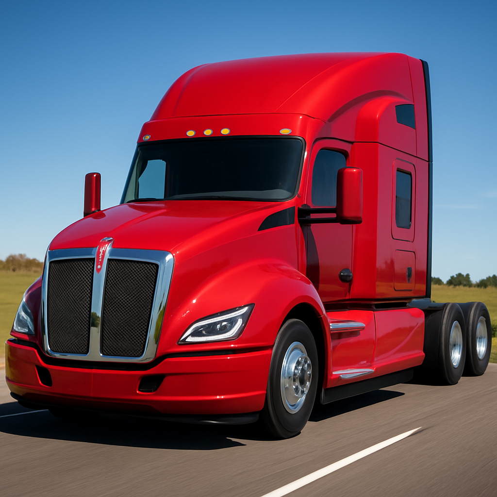 Red 2026 Kenworth T680 semi-truck on the open highway in bright daylight